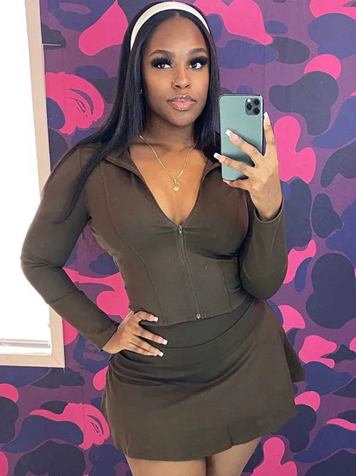 2 Piece Set Woman Long Sleeve Slimming Top and Mini Skirt Y2k Suit Skirt Set