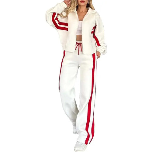 2 Piece Outfits Zip Up Y2K Jacket Wide Leg Pants Matching Tracksuit Set White